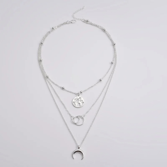 NEW Silver Boho Trendy Choker Multilayer Earth Map Circle Horn Pendant Necklace - Picture 7 of 16